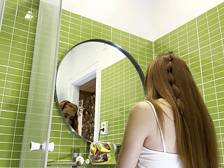 Cute Redhead Girlfriend and Her Fingering Herself Under Short White Skirt No Panties in the Bathroom