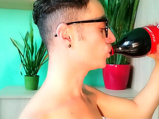 Twink Belly Bloated with Cola and Mentos Then Wank and Cumshot