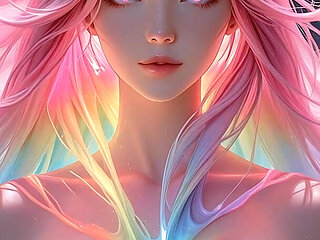 Rainbow Cosmic Beauty with Glowing Pink Eyes Fantasy Portrait Ai Art Slideshow