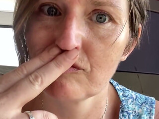 Stepmom Plays with Her Smelly Pussy at the Back of the Bus, Then Sniffs and Sucks Her Stinky Fingers!