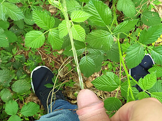 Man peeing outside in the forest