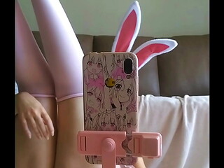 naughty student wearing a bunny outfit , tongue out, touching boobs and fingering pussy horny as fuck and kinky as hell for halloween month