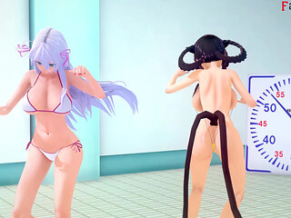 Rias & Akeno Thresome While Phonecall and Akeno Fucked in Pool - Dxd Ntr Madness Series