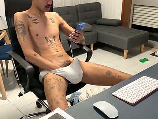 Skinny guy in jeans, pulls his dick out and jerks off on webcam.