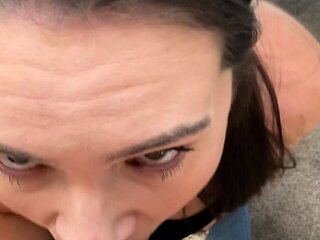Dark haired amateur blowjob and handjob in fake taxi