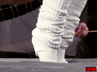 Miwa Kiritani Hands Tied Behind Her Back While Tesshin Doyama Stimulates Her Feet