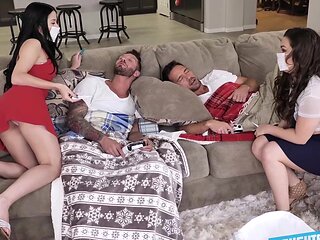 Brunettes unite for a wild four-way with Johnny at the helm