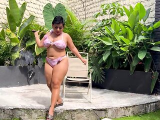 Curvy teen slut cheats on her boyfriend with a stranger with a big cock in the resort courtyard