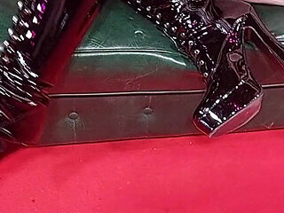 Horny Granny in Latex Fingers Hairy Pussy to Explosive Orgasm