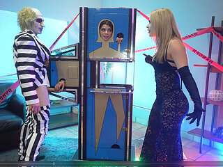 Cosplay Threesome - Bettlejuice, Wednesday Addams and Her Big Tits Stepmom