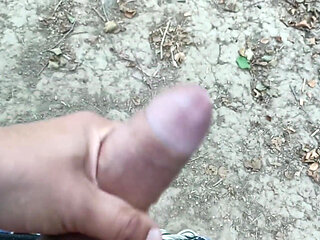 Jerk off Near Lake, Close up Looks on Big Glans and Cum to Lake