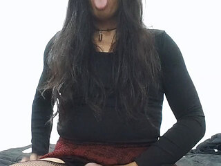 Femboys/transvestite masturbates her rich cock with skirt and slut stockings