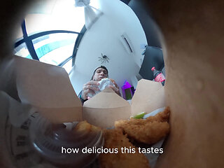 The Giant Allows the Tiny Human to Observe It Very Closely While It Eats