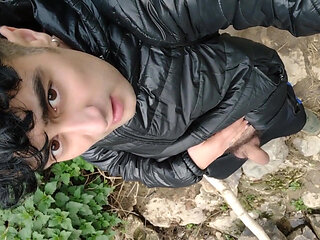 2 Times Walking with Cock Out of Jeans Near River to Piss Into River - Uncut Hairy Cock