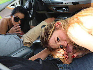 Brunette & blonde babes sloppy blowjobs, pounded doggy outdoors at Swhores