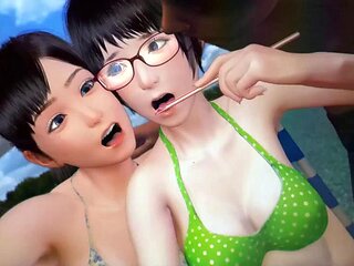 Time stop in the pool: Blowjob, Threesome  Hentai Porn