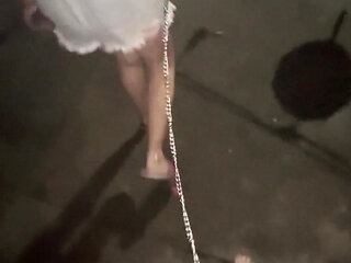 Late Night Stroll with My Locked Chastity Subs Caged Cock Exposed and on a Leash