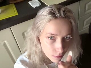 Cute platinum-blonde with bouncy tits loves a creampie