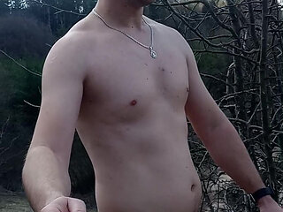 Naked Guy Walks in Nature and Jerks off