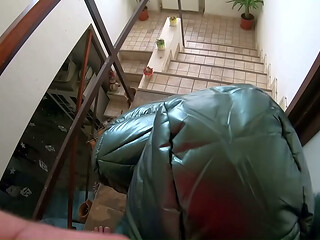 Slutty Mature Orgasm &ndash_ Blowjob &amp_ Cum on Green Shiny Downjacket