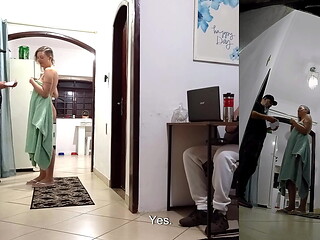 Real wife cheats on her husband while he'_s wearing headphones with the delivery man.