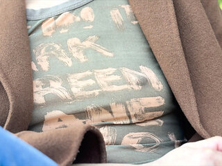 Teasing my husband in a sheer shirt exposing big pierced nipples in oudoor coffee place