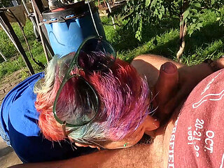 Outdoor Ball Sucking Blowjob with Cum in Mouth in the Garden