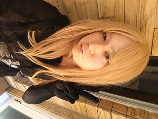 A blonde cross-dresser changed from a cute dress to pink full-body tights and masturbated!