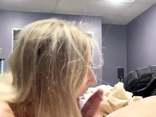 Blonde teen gives handjob and blowjob