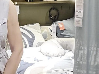 Blonde Horny in Public Place - Flashing at Furniture Shop