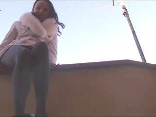 Dangling in Grey Pantyhose and Ballet Flats with Chains
