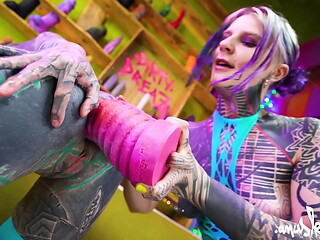 2 tattoo lesbians anal play with big toys in there assholes - ATM, gapes, real orgasm