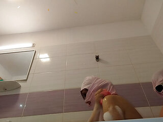 Amateur couple takes a bath, wife with hairy pussy, big ass, big tits.