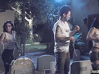 Redhead Awakens Her 3 Undead Friends And Gets Fucked By