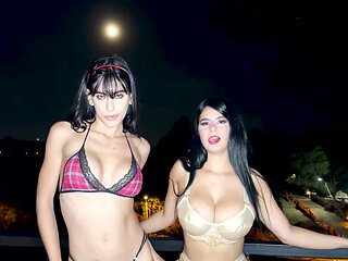 Sexy Buxom Bootylicious Babes Suck the Jock's Cock On the Balcony & Share It In Hot 3-some Indoor