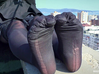 Sky-high Sole Seduction: Teasing Toes From Sheer to Black on the Rooftop