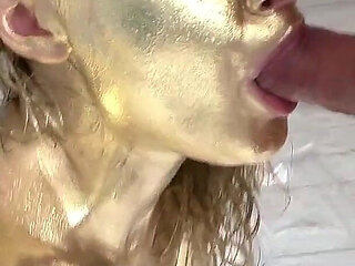 Beautiful Golden Body Art and Gentle Sex with a Golden-skinned Beauty