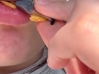 Giantess Girl Finds a Tiny Man in Her Bag of Chips and Is Surprised, but She Eats the Tiny