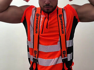 Tyler Blake HiVis workwear, muscle flex, dildo play, jerking off in gear.