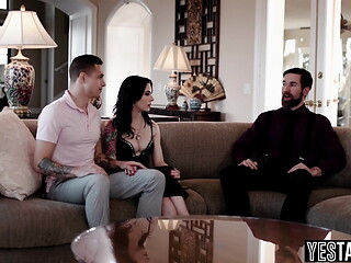 Big boobs gold digger pounded by her BF and his big dick stepdad