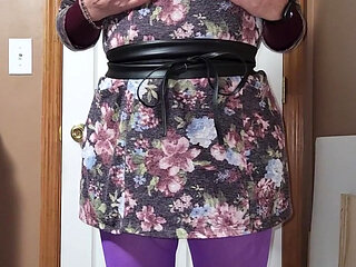Gay crossdress tease, masturbate, cum on my purple nylon pantyhose.