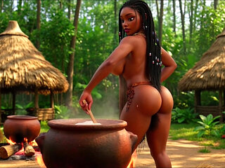 Voluptuous Ebony Tribal Women Perform Primal Fire Worship On All Fours Covered In Oil And Sacred Earth At Night