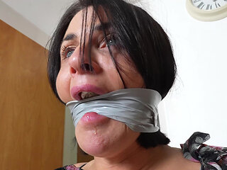 Sarah Wild in Supertight Tape Bondage and Wrap Gag Struggle!