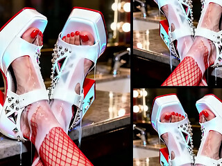 Shiny High-Heels full of cum on a bar counter. Messy semen from all sides
