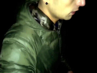 Night Outdoor Walking with Face Covered by Cum and Cum Tasting (full Vid)