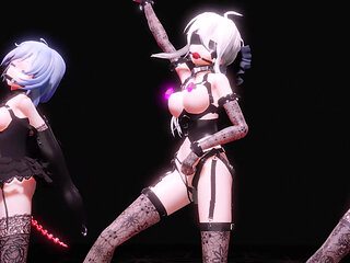 [mmd] genie; Three People; Training; Bondage; Vibrating Eggs; Butt Plugs; Ball Gags; Ankle Cuffs