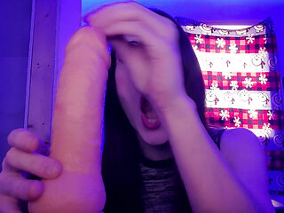 Closeup Trans Dildo Ride in Mood Lighting