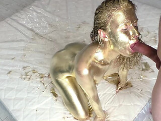 Beautiful Golden Body Art and Gentle Sex with a Golden-skinned Beauty