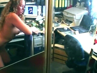 Curly Brunette Rides Hard on Office Chair