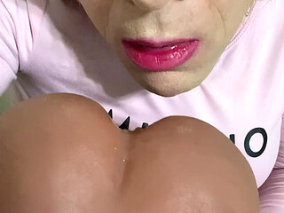 Naughty crossdressing trans milf slut cums on a pussy and ass toy then orally licks it off while slapping her clit cock